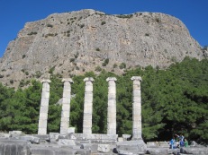 Columns of the temple of Athena in the shadow of the mountain